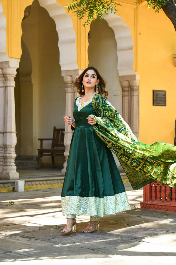 Bottle Green Anarkali Suit With Dupatta- (3Pc Set) By SUTI KAPDA