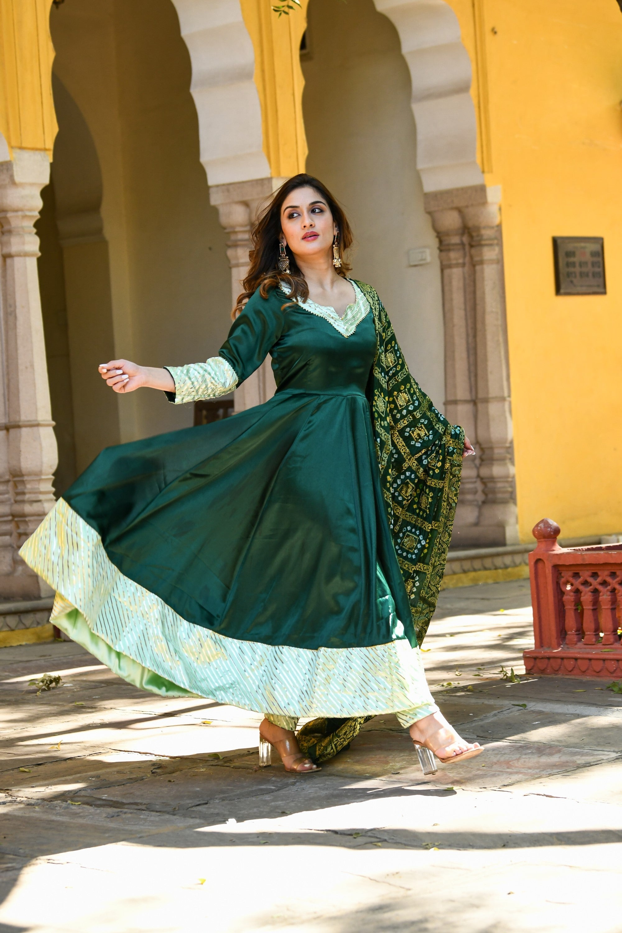 Bottle Green Anarkali Suit With Dupatta- (3Pc Set) By SUTI KAPDA
