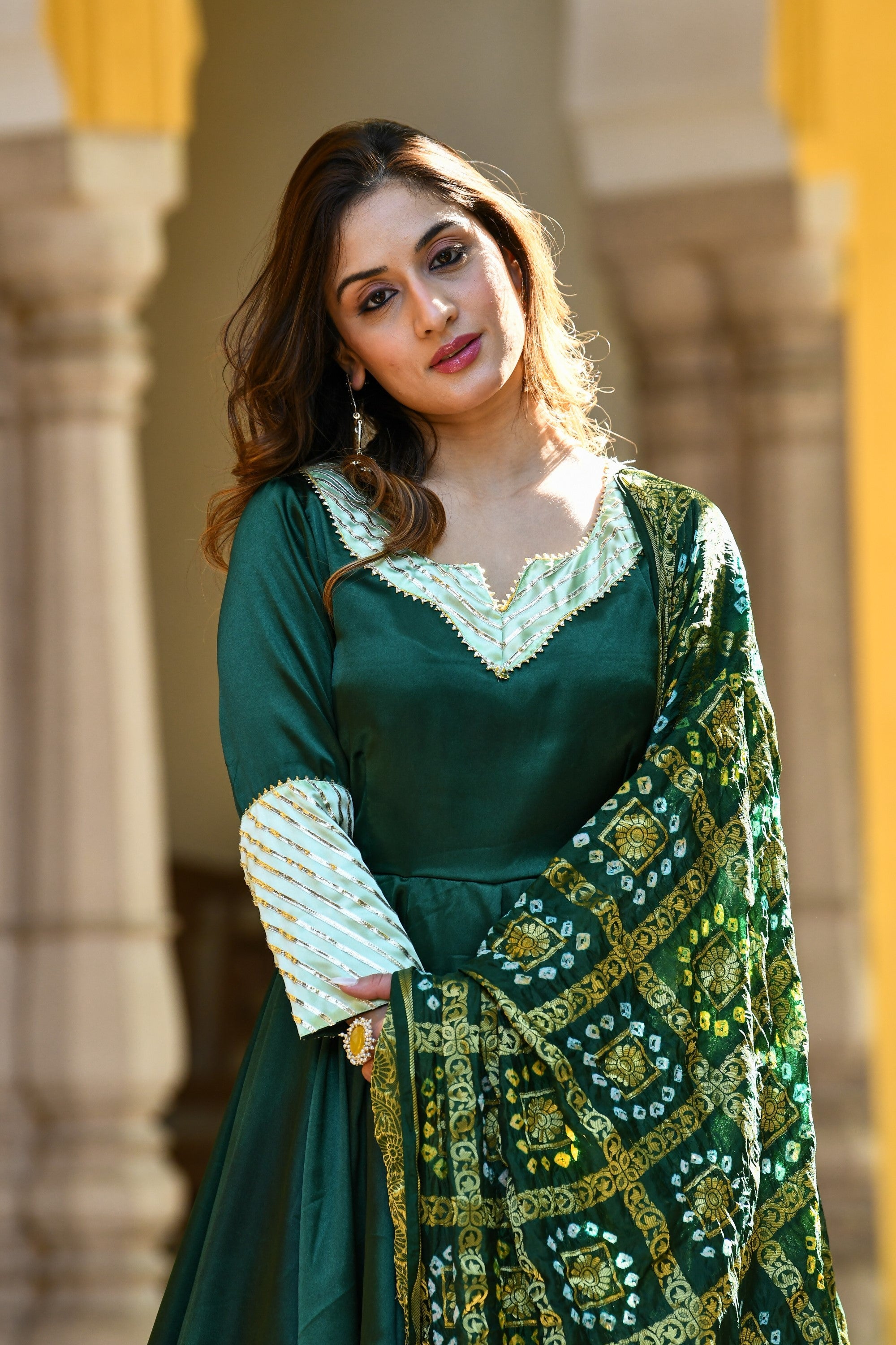 Bottle Green Anarkali Suit With Dupatta- (3Pc Set) By SUTI KAPDA