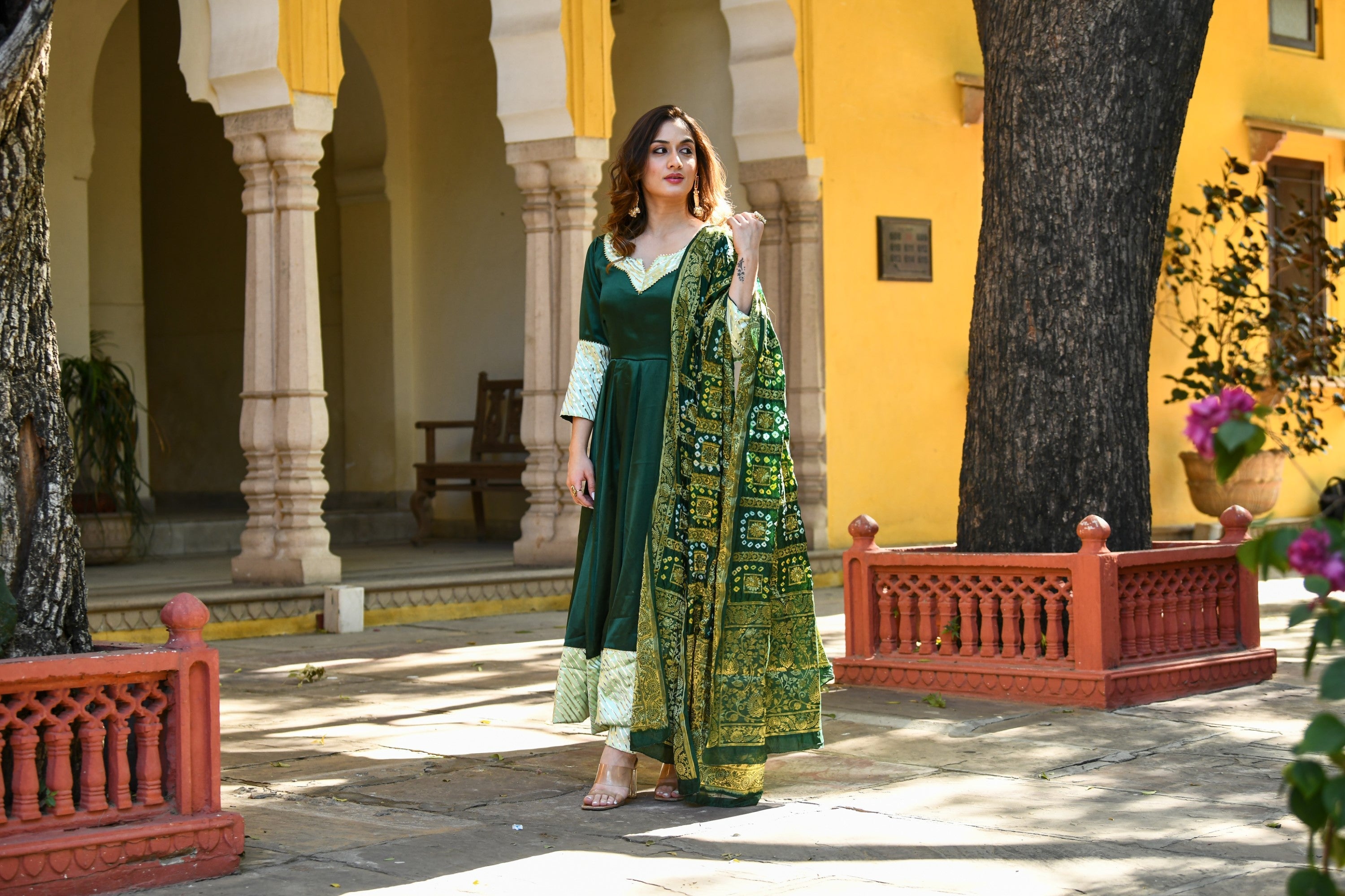 Bottle Green Anarkali Suit With Dupatta- (3Pc Set) By SUTI KAPDA