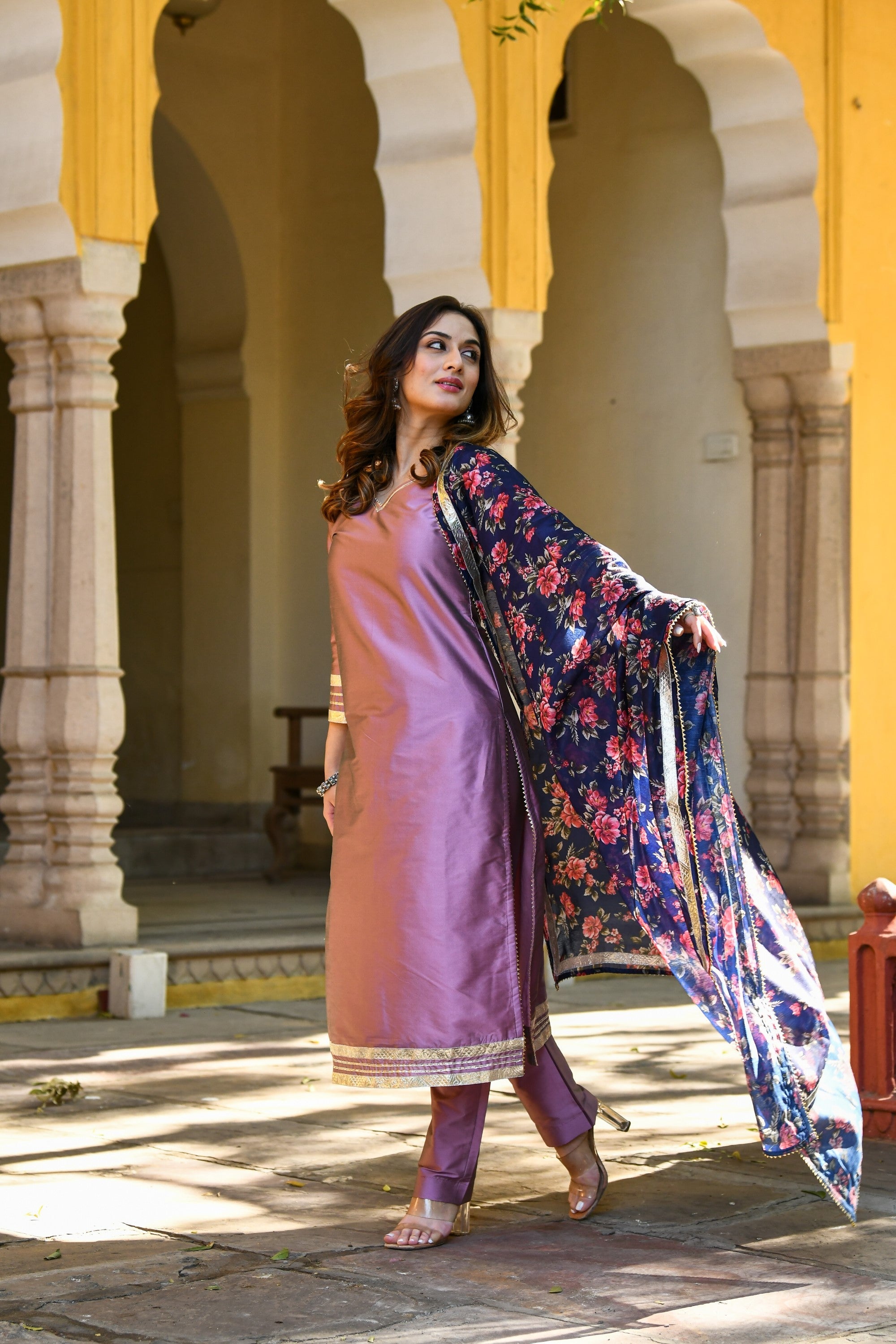 Mauve Suit Set With Dupatta - 3Pc Set - SUTI KAPDA
