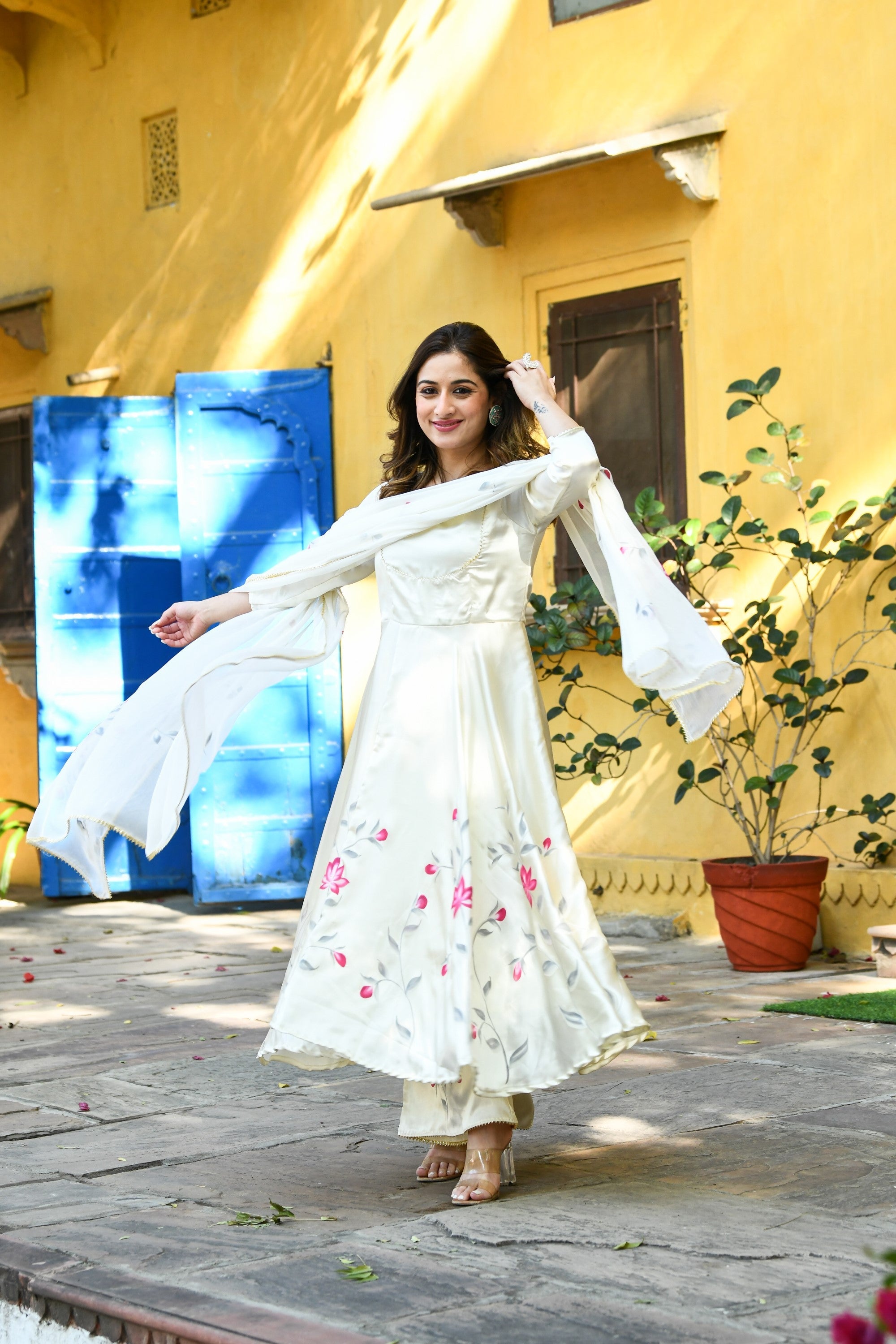 White Anarkali Suit Set With Duppata - (3Pcs) By SUTI KAPDA
