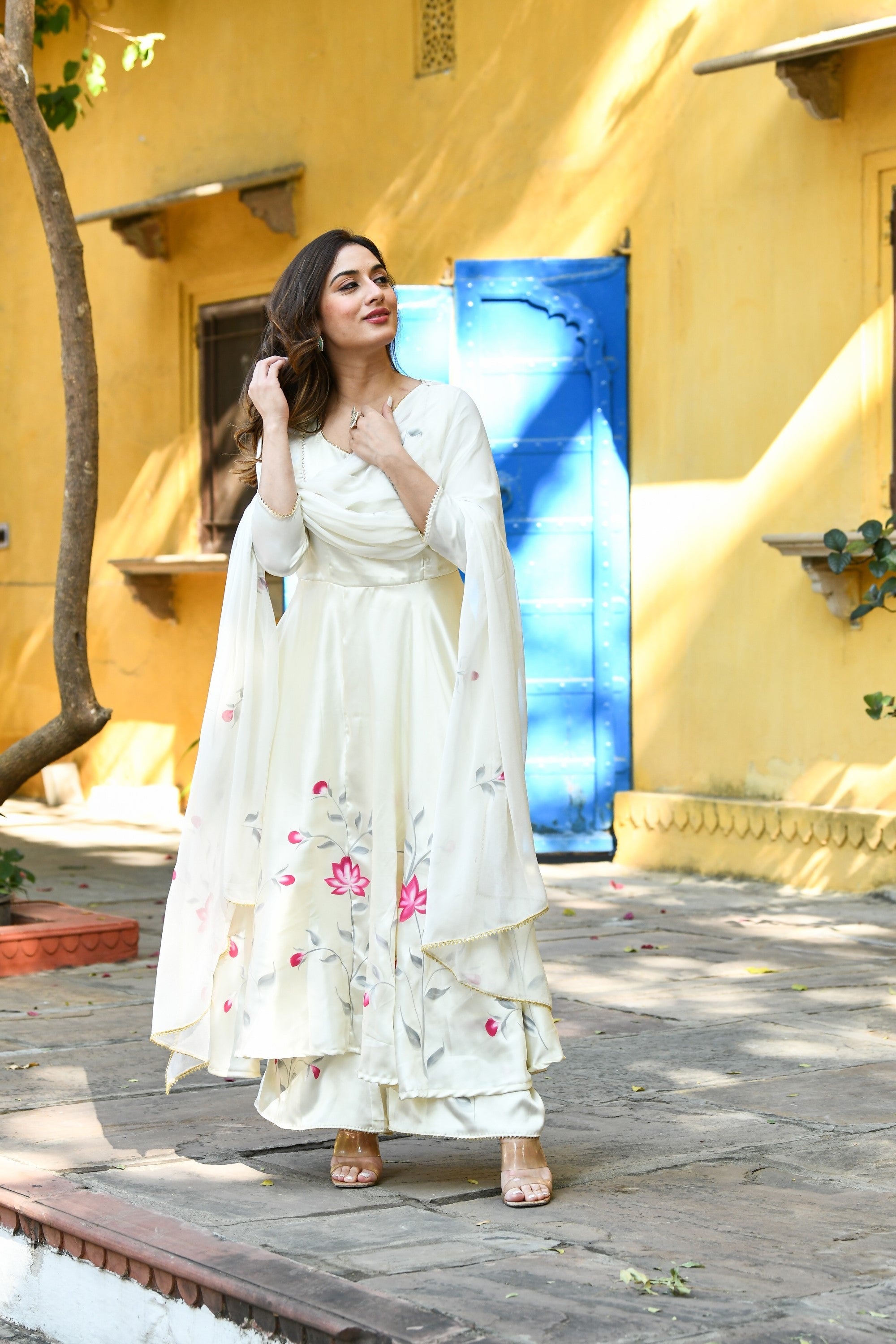 White Anarkali Suit Set With Duppata - (3Pcs) By SUTI KAPDA