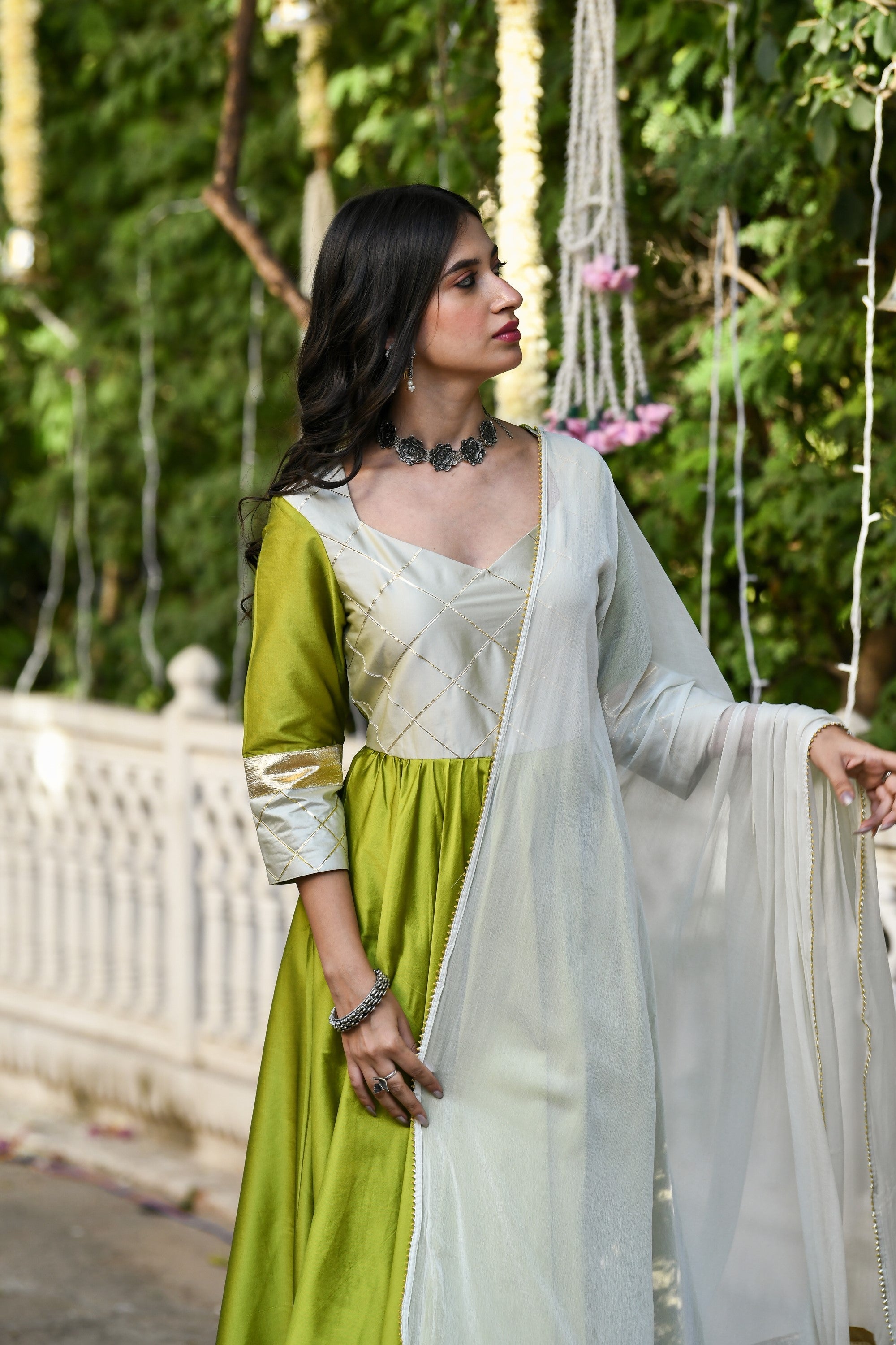 White And Green Anarkali Gown- (2Pcs) By SUTI KAPDA