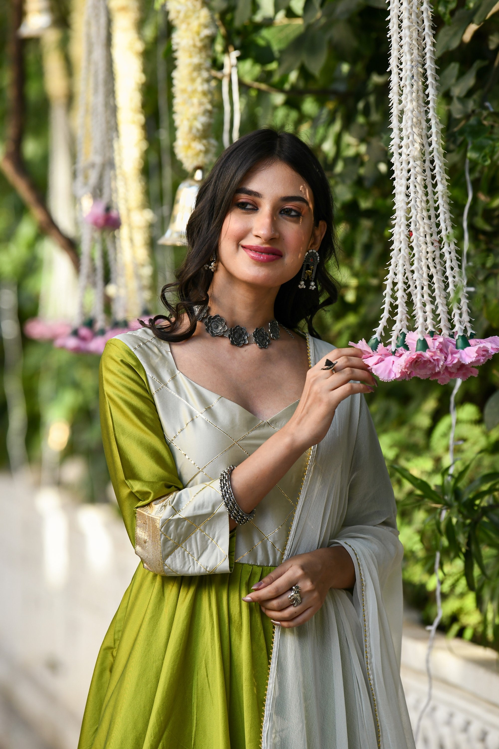 White And Green Anarkali Gown- (2Pcs) By SUTI KAPDA