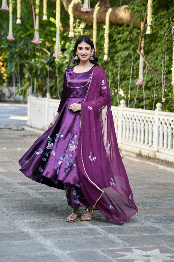 Purple Anarkali Suit Set For Women- (3Pcs) By SUTI KAPDA