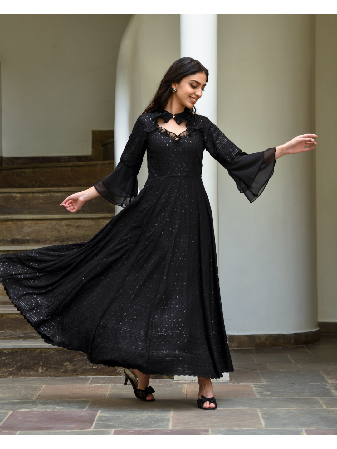 Black Chikankari Diamond Neck Dress