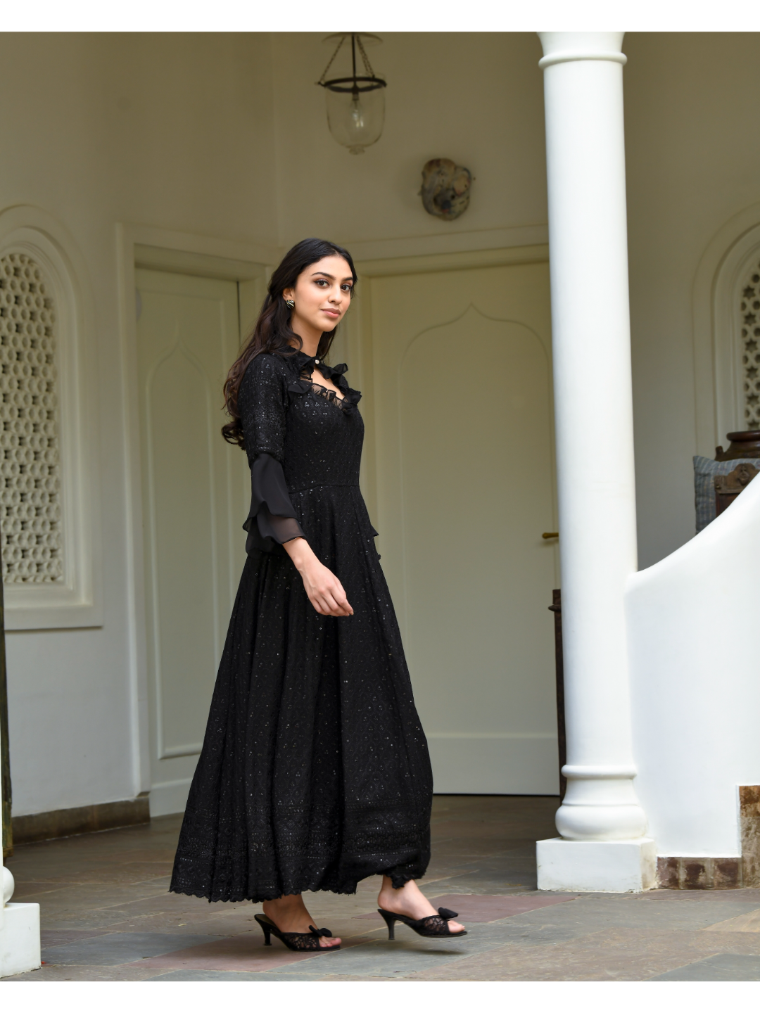 Black Chikankari Diamond Neck Dress