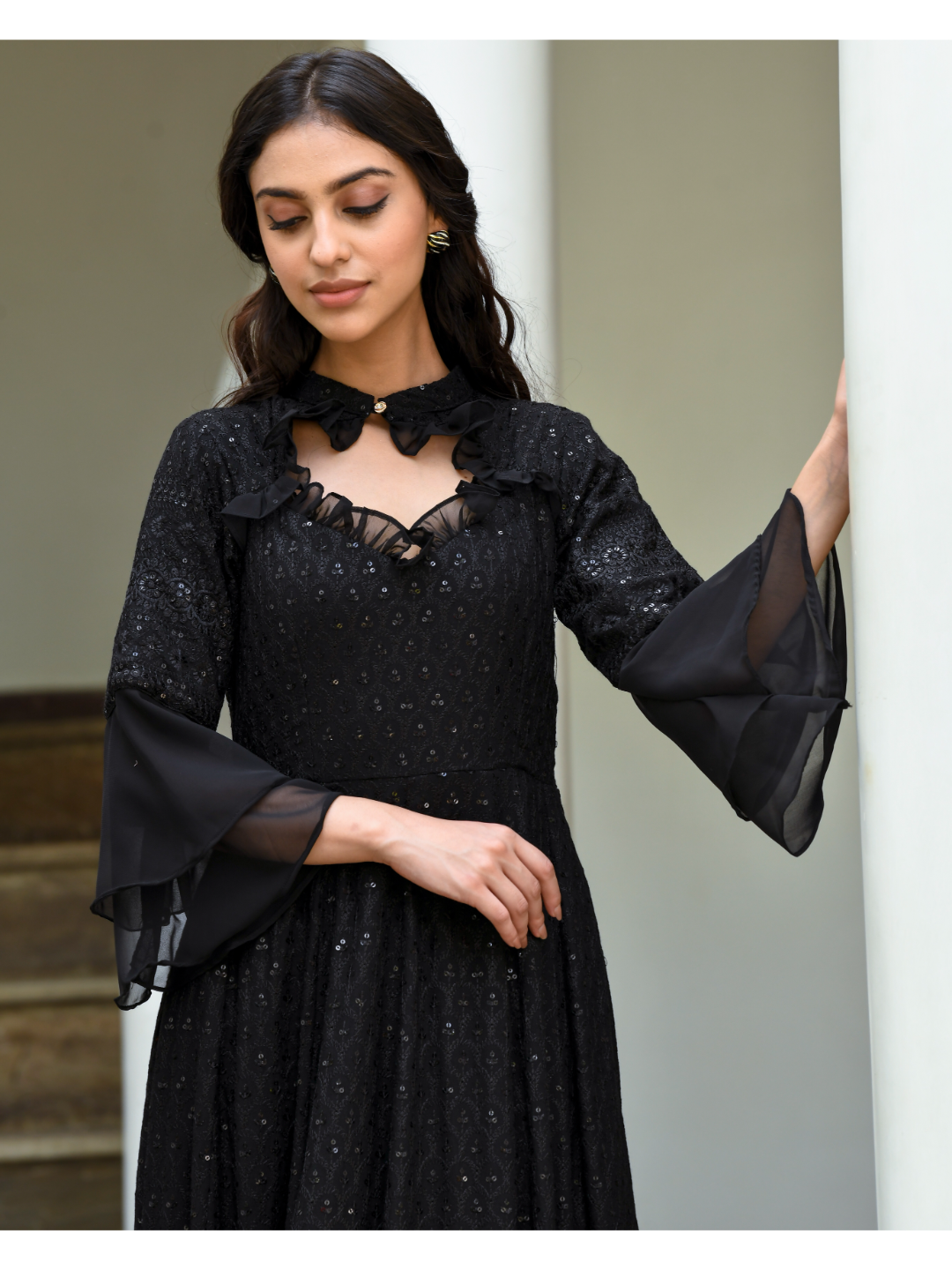 Black Chikankari Diamond Neck Dress