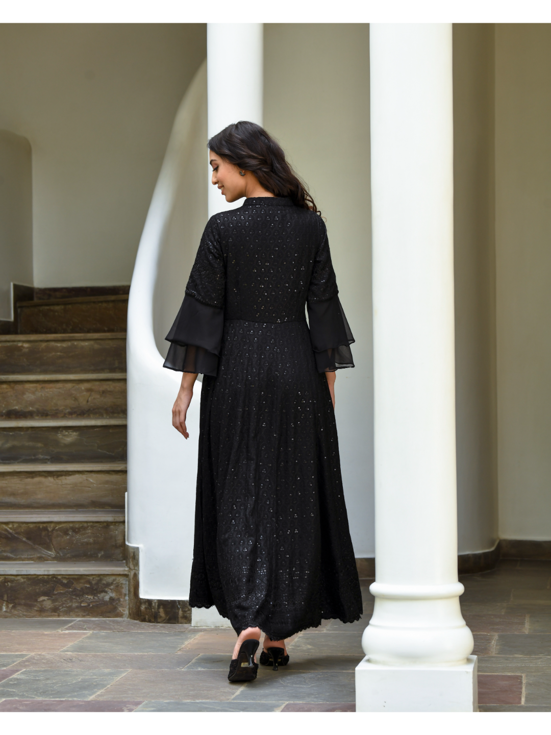 Black Chikankari Diamond Neck Dress