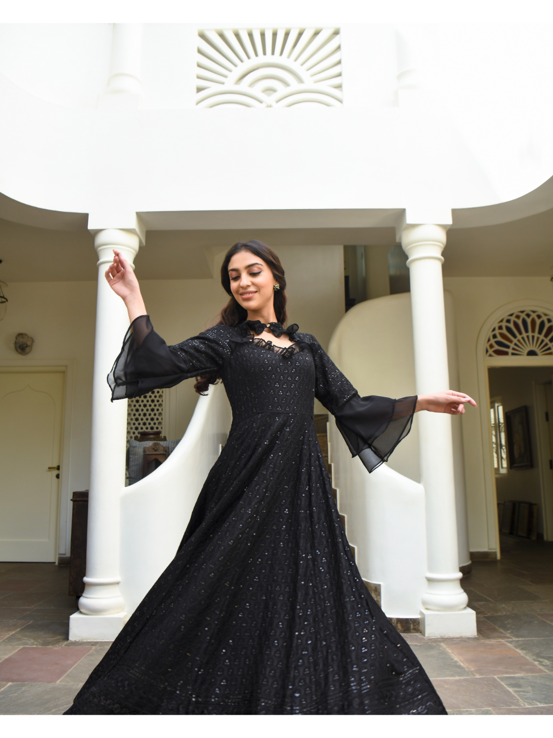 Black Chikankari Diamond Neck Dress