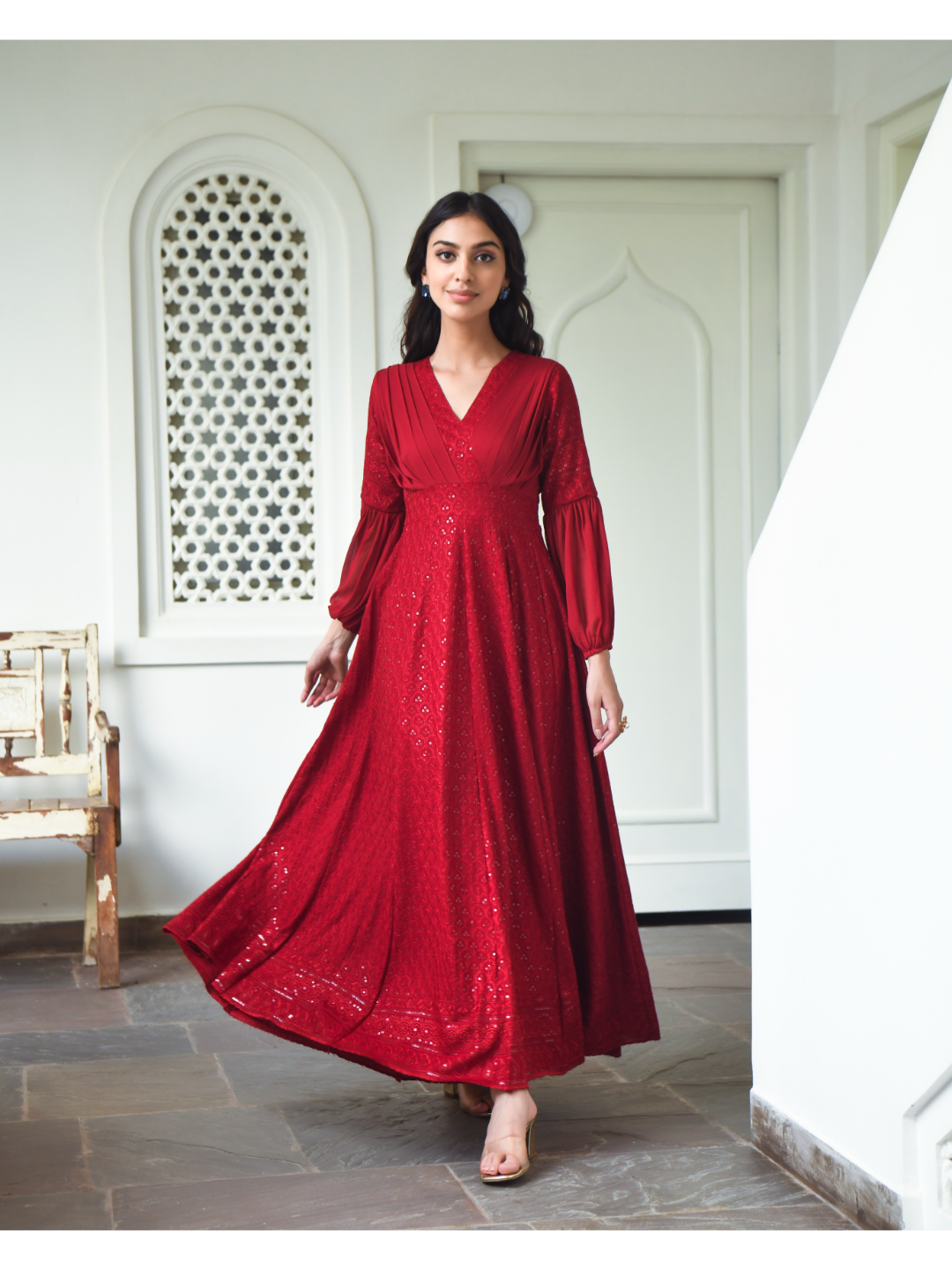 Red Sequin & Chikankari Dress