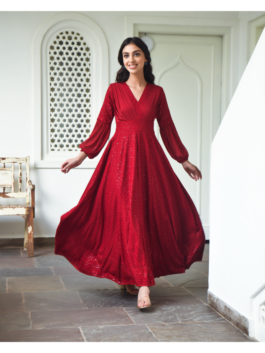 Red Sequin & Chikankari Dress