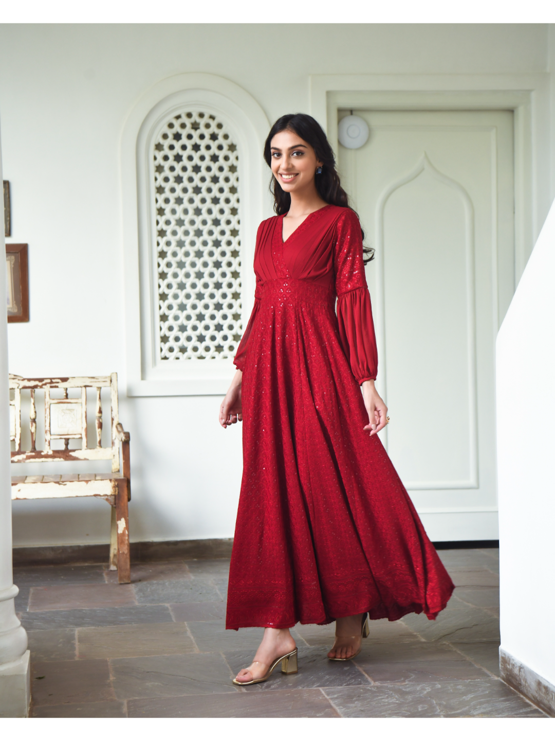 Red Sequin & Chikankari Dress