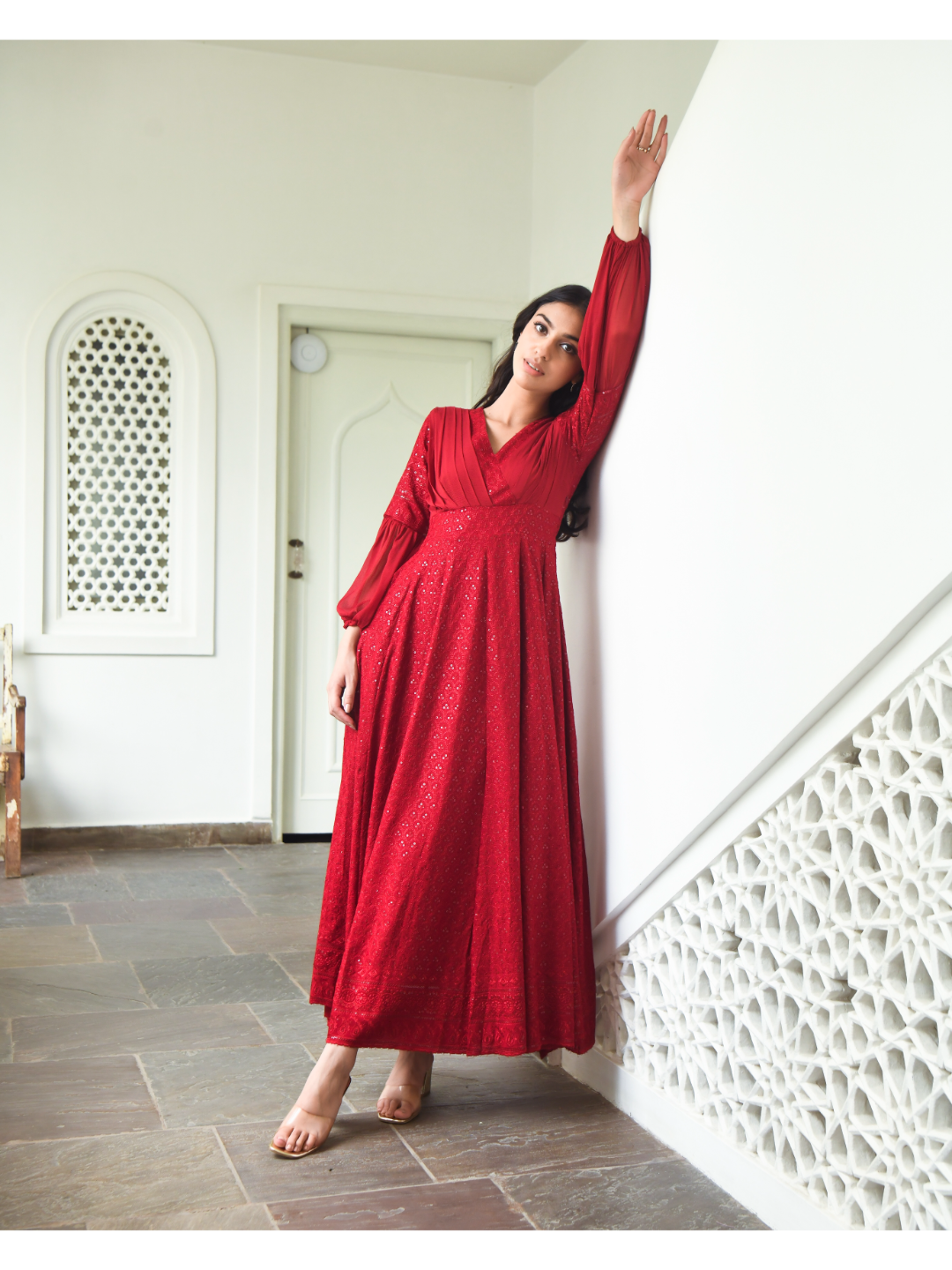 Red Sequin & Chikankari Dress