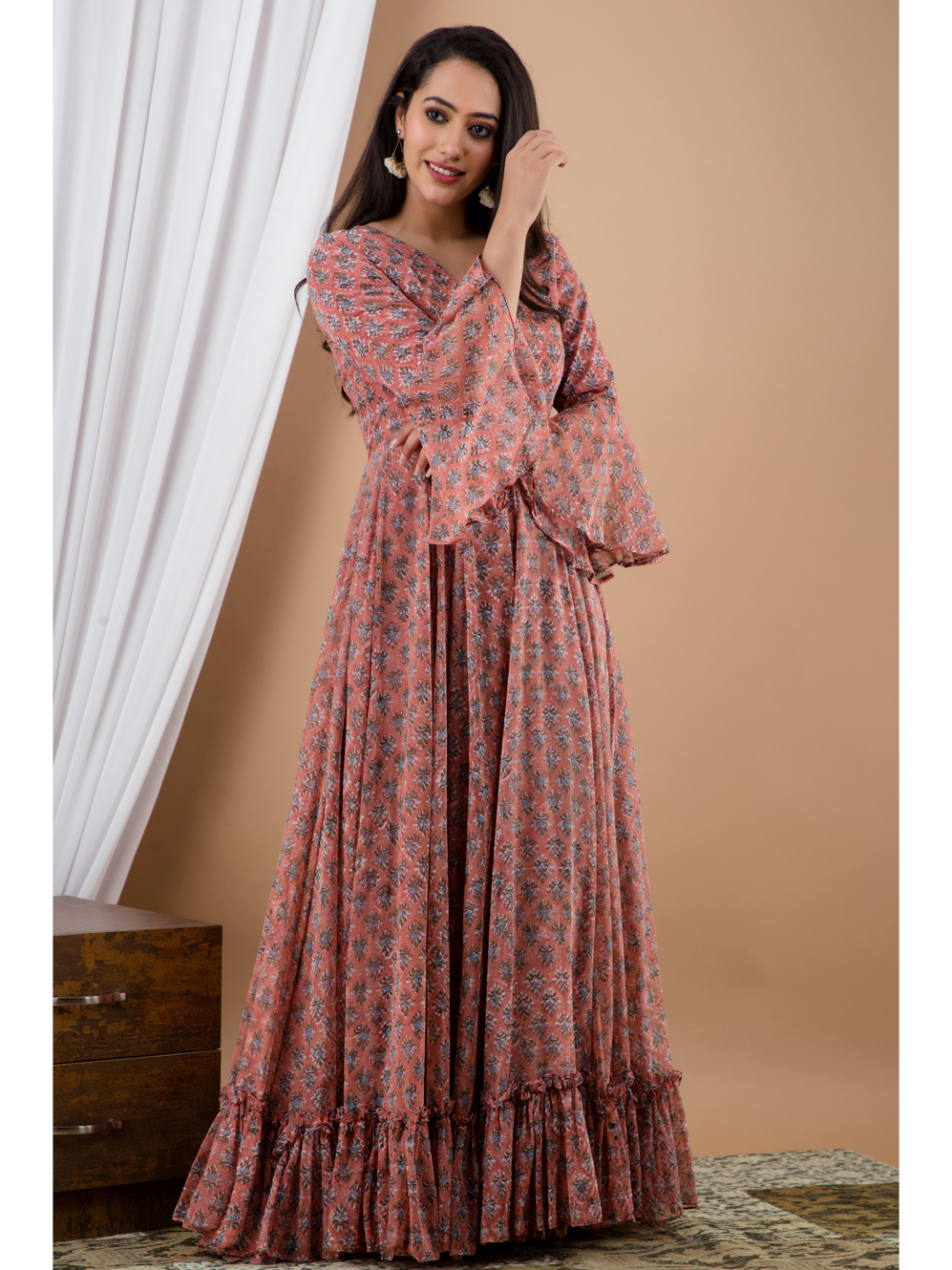 Mauve Chiffon Hand Block Print Dress