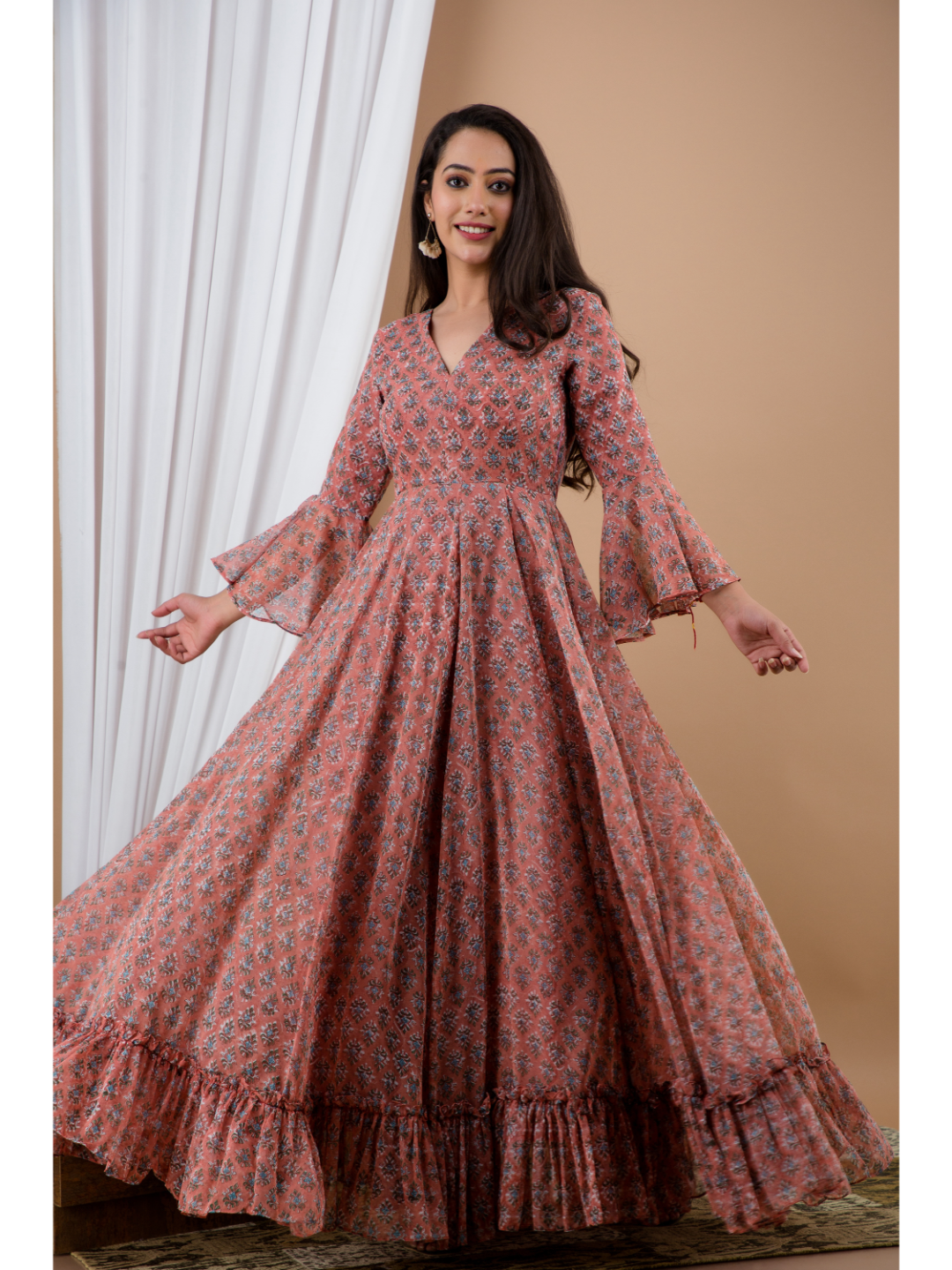 Mauve Chiffon Hand Block Print Dress