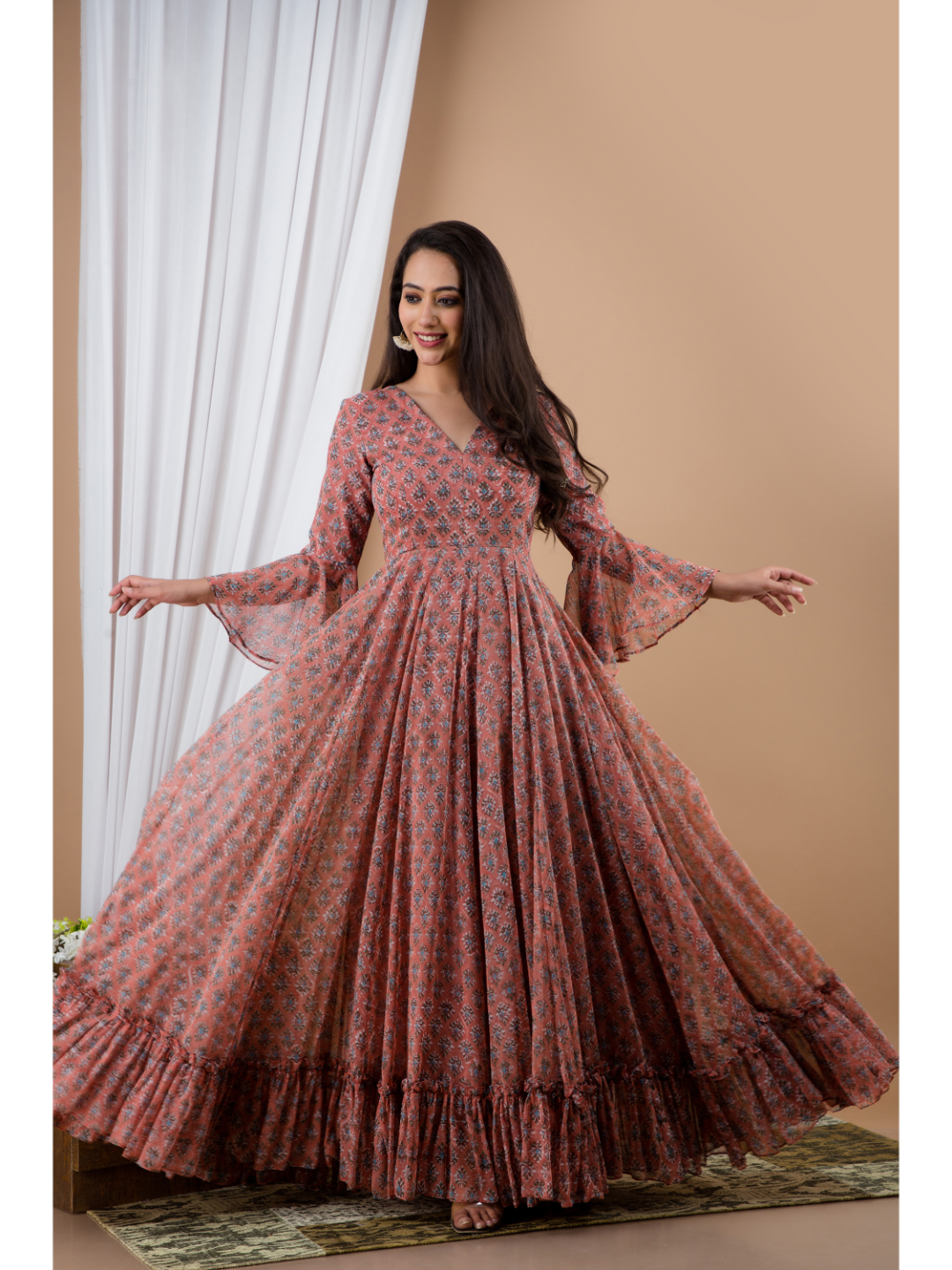 Mauve Chiffon Hand Block Print Dress