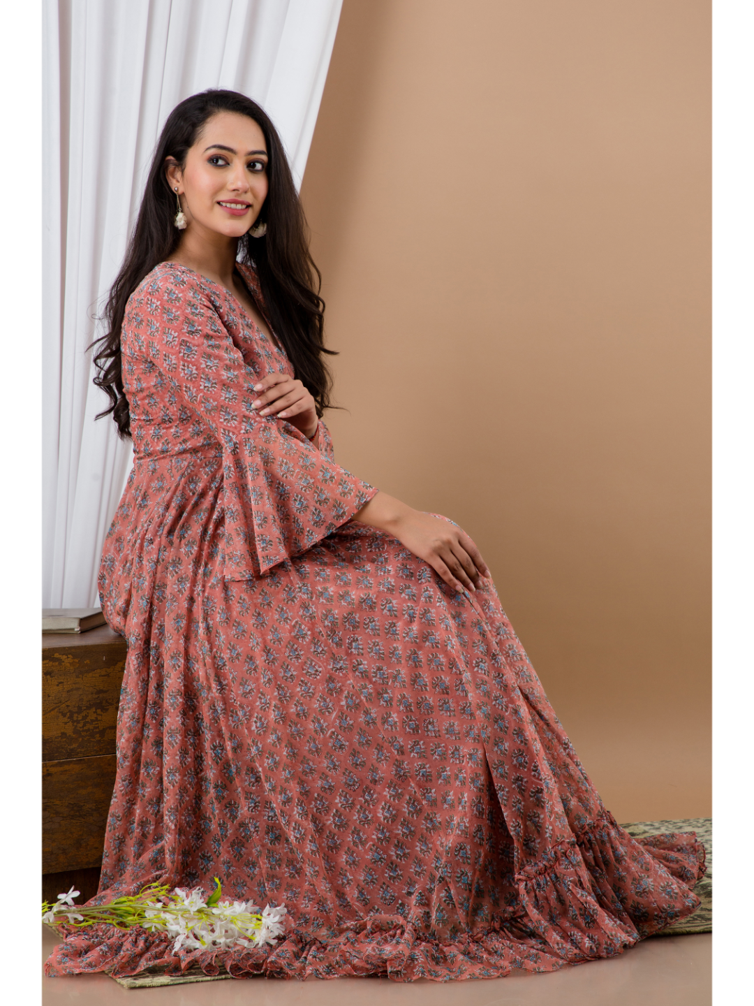 Mauve Chiffon Hand Block Print Dress