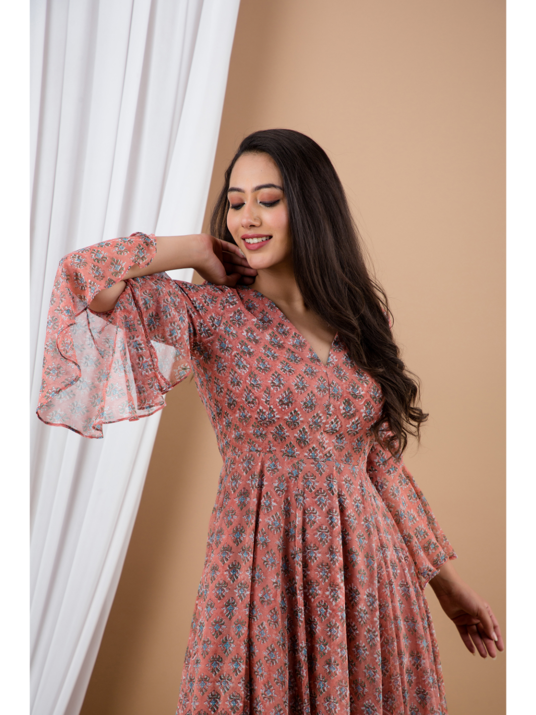 Mauve Chiffon Hand Block Print Dress