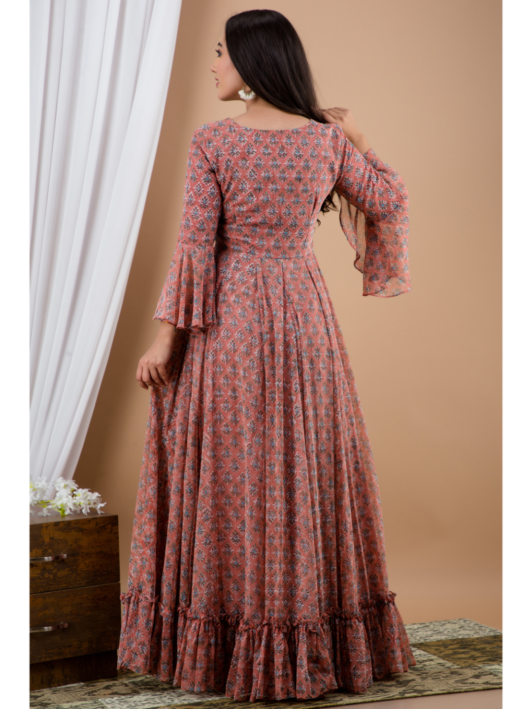 Mauve Chiffon Hand Block Print Dress