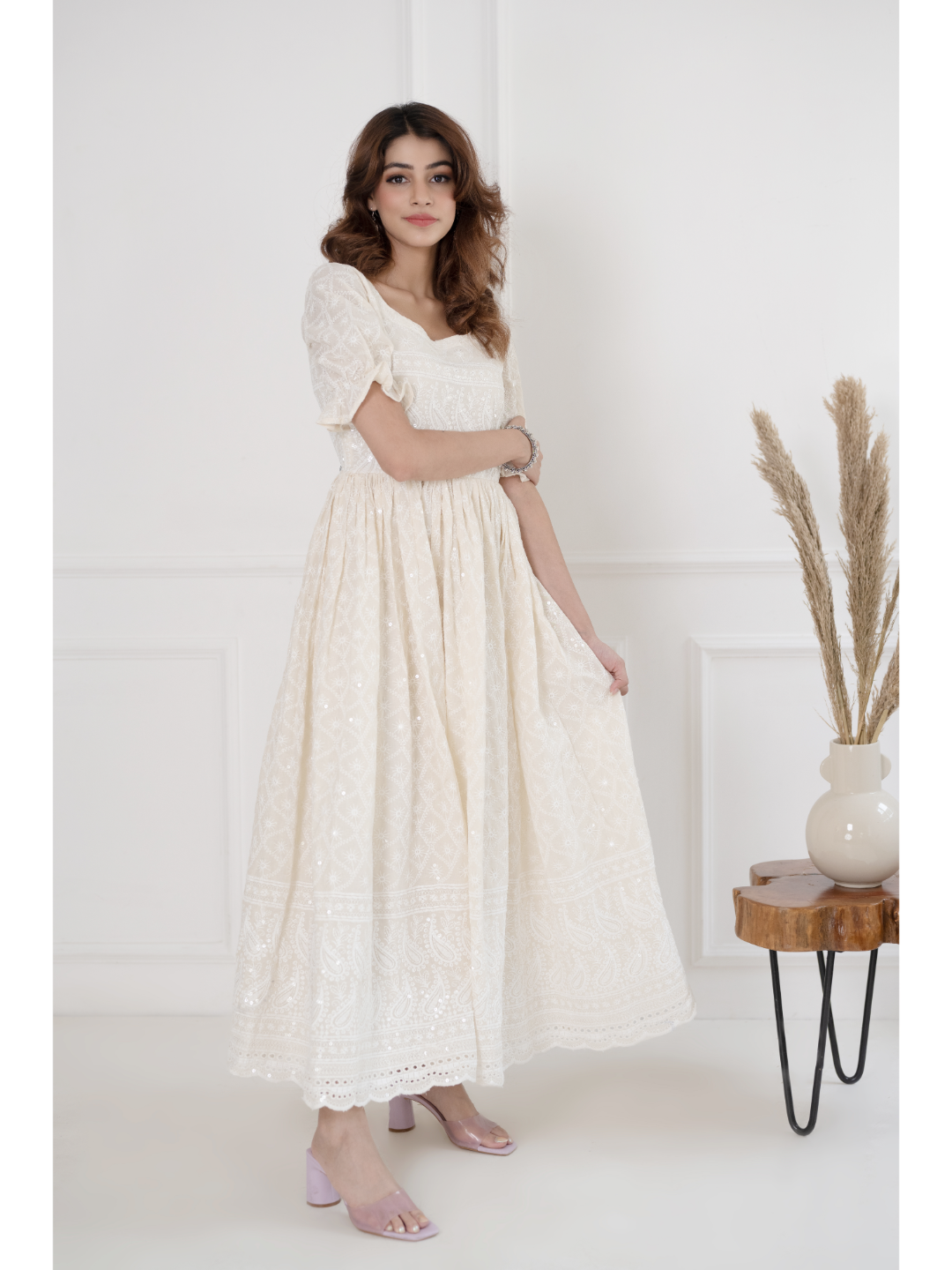 White Chikankari & Sequin Dress