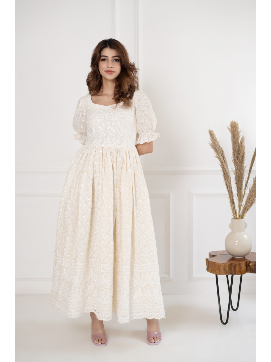 White Chikankari & Sequin Dress