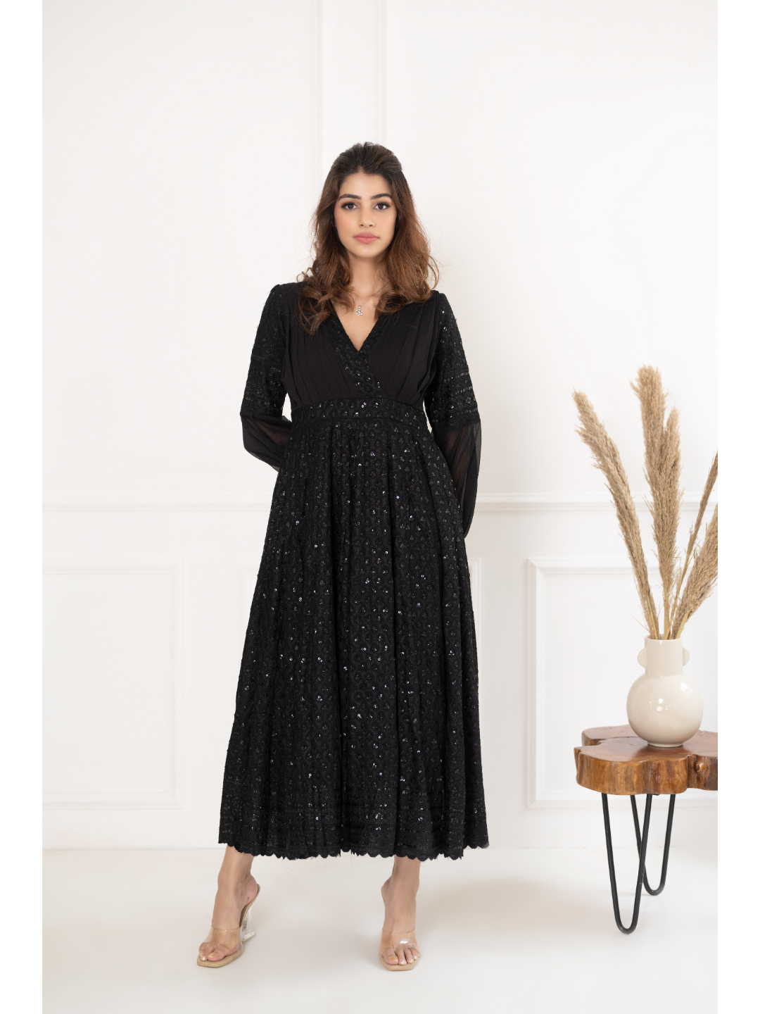 Black Sequin & Chikankari Dress