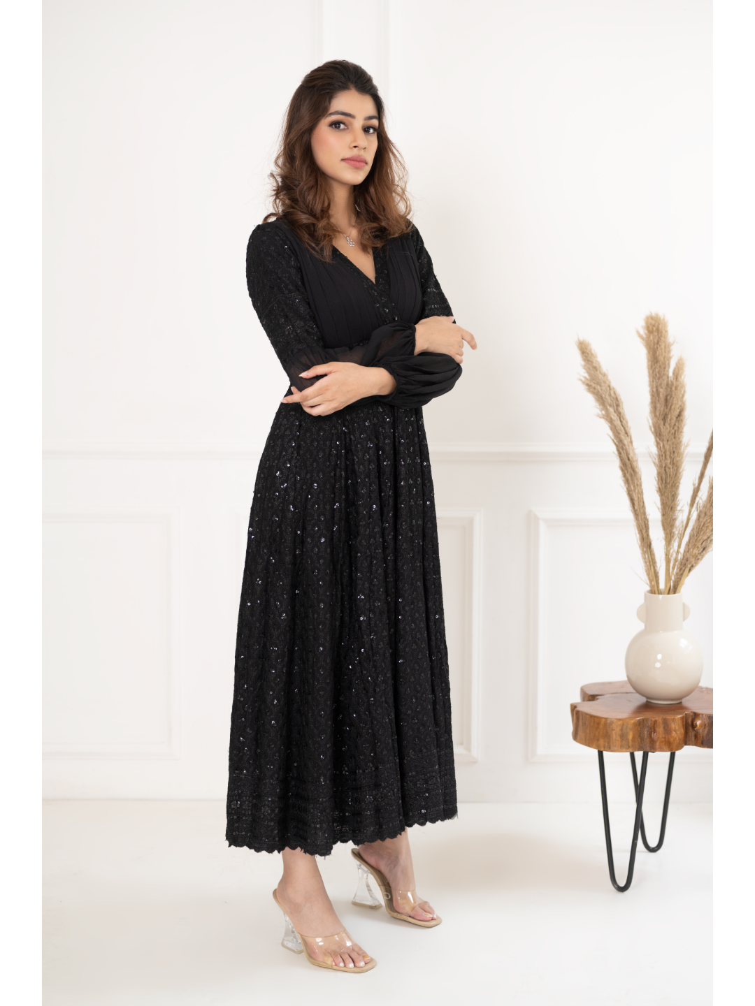 Black Sequin & Chikankari Dress