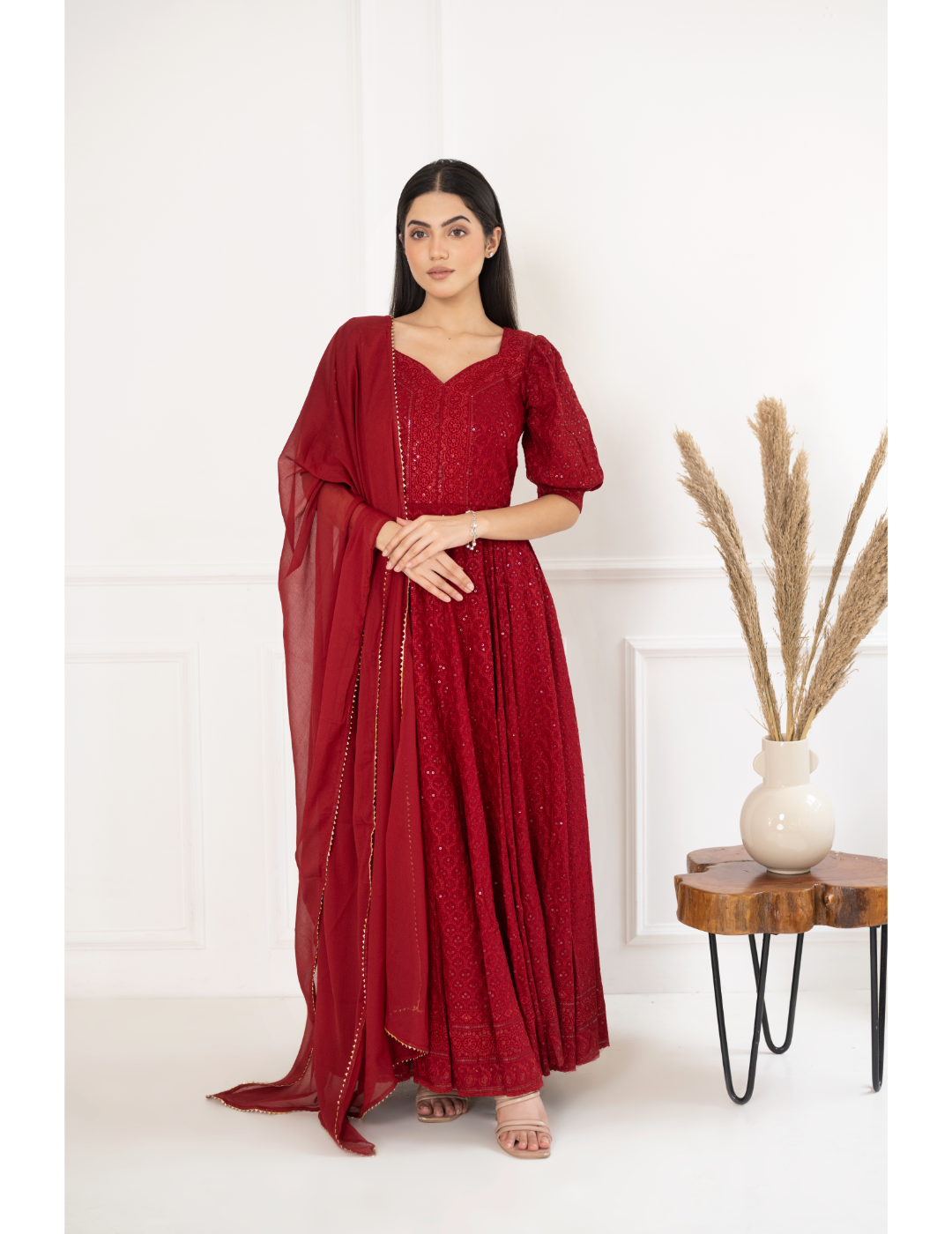 Red Chikankari & Sequin Dress With Dupatta