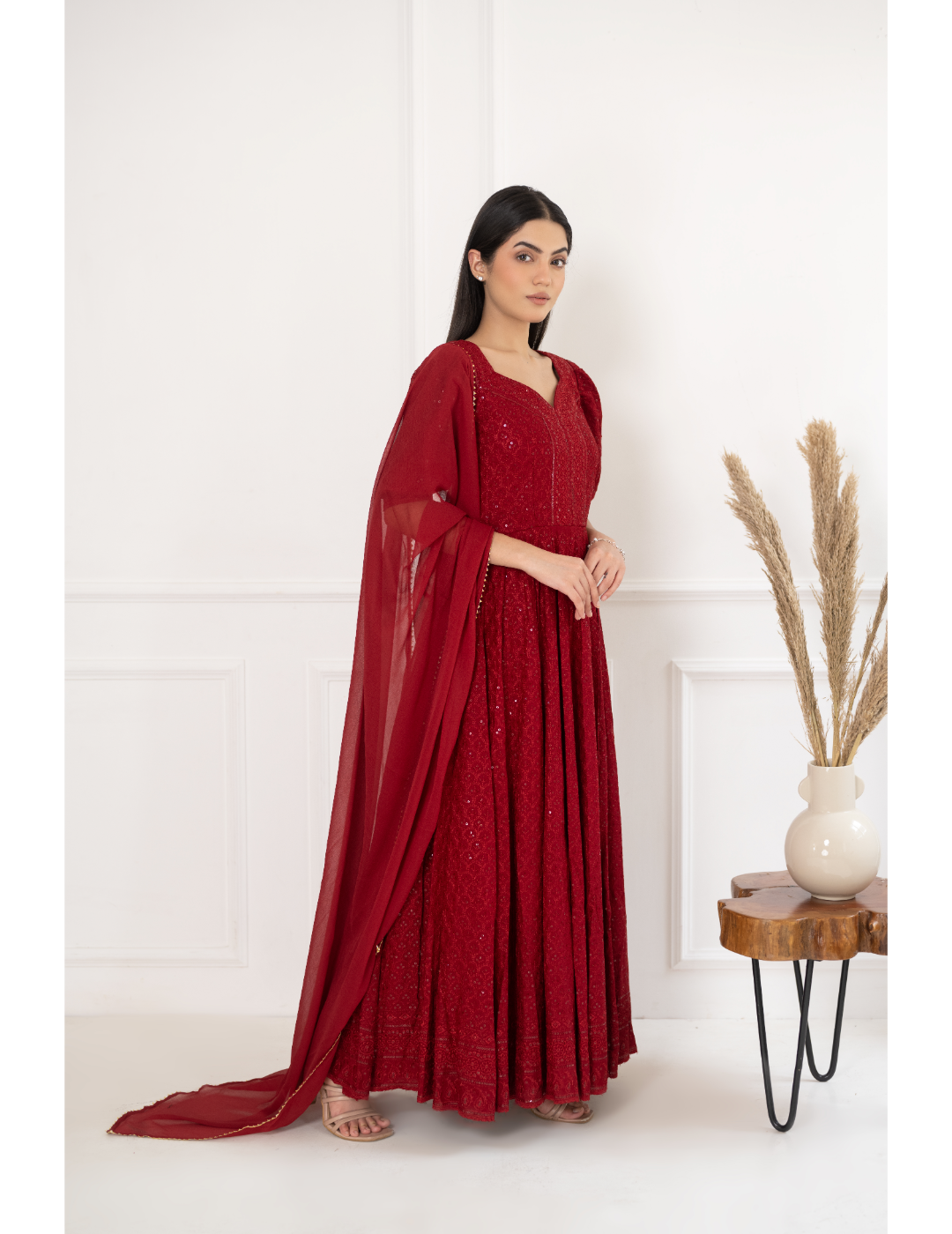 Red Chikankari & Sequin Dress With Dupatta