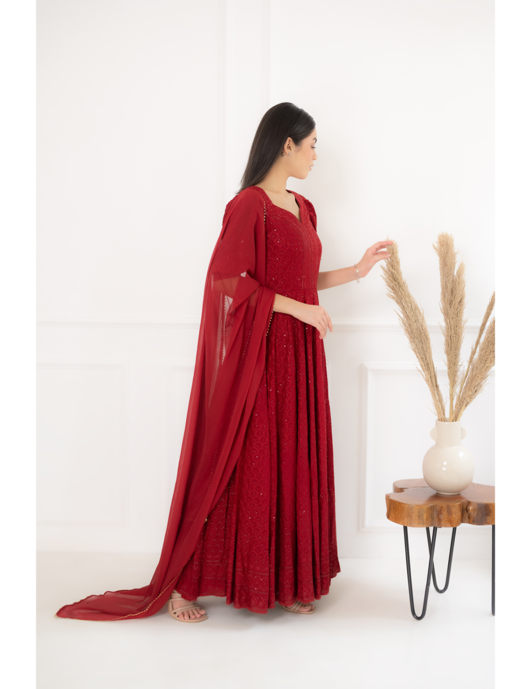 Red Chikankari & Sequin Dress With Dupatta