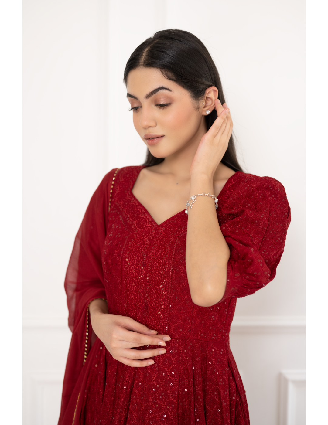 Red Chikankari & Sequin Dress With Dupatta