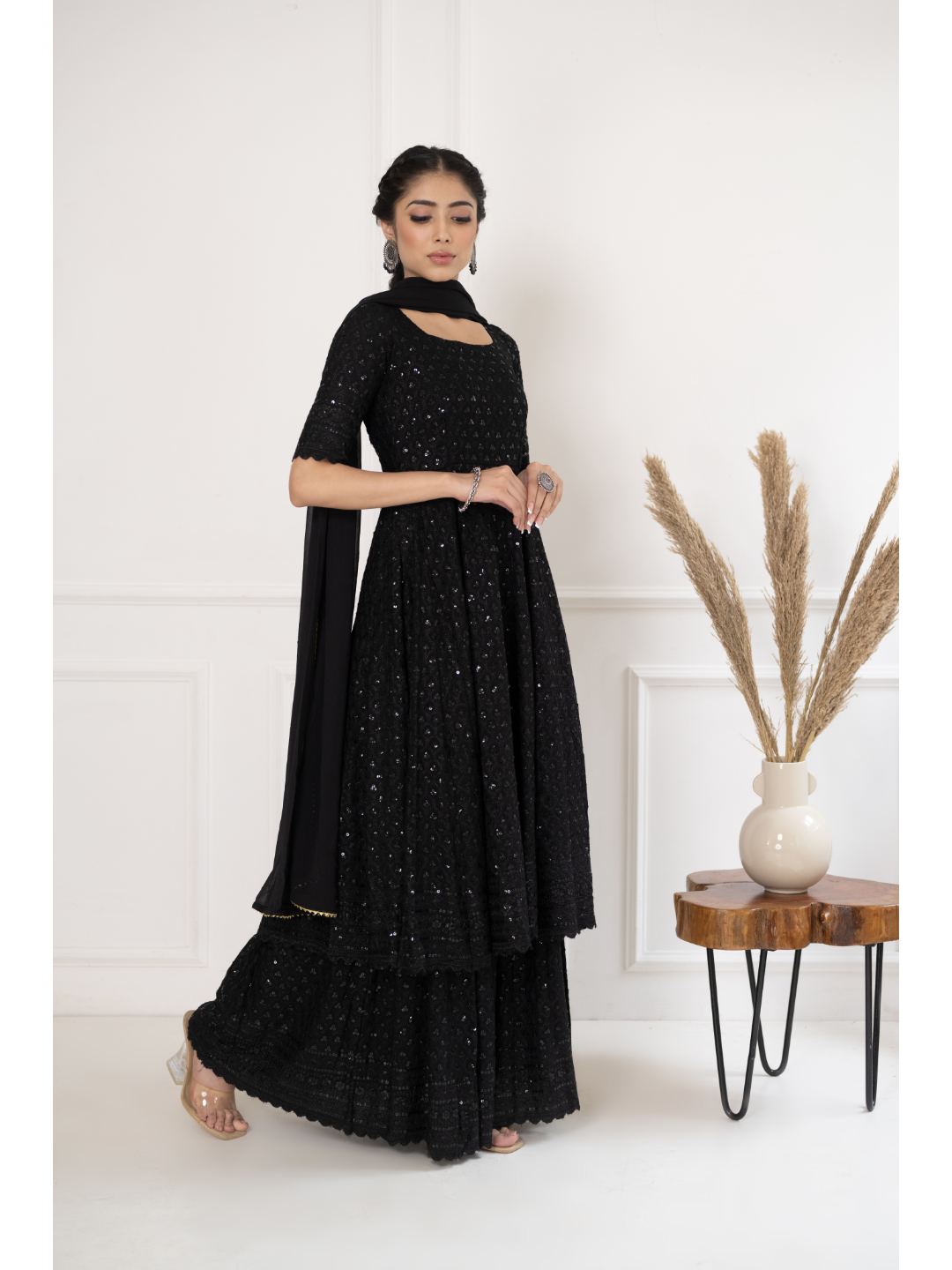Black Chikankari & Sequin Dress With Dupatta