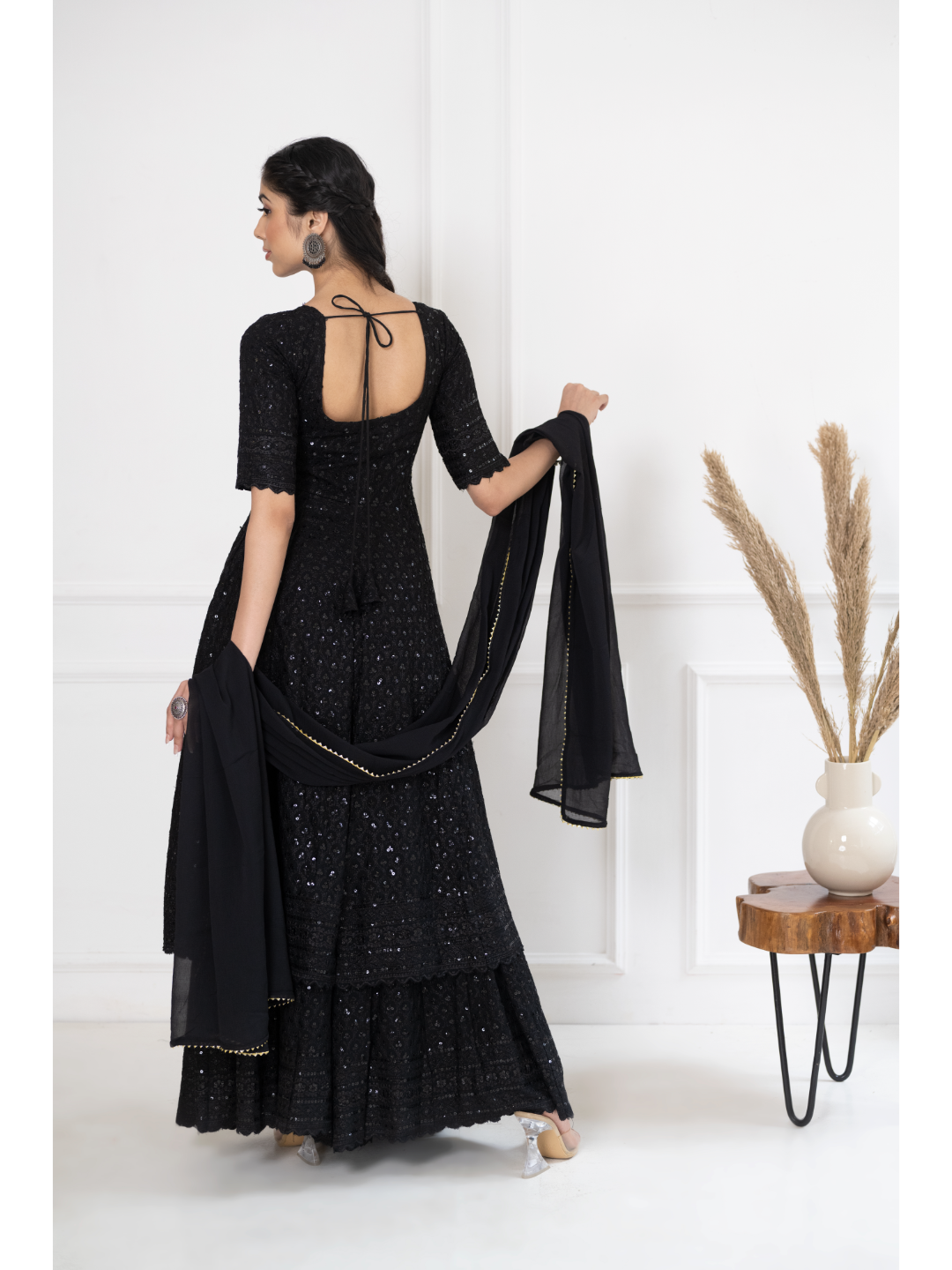 Black Chikankari & Sequin Dress With Dupatta