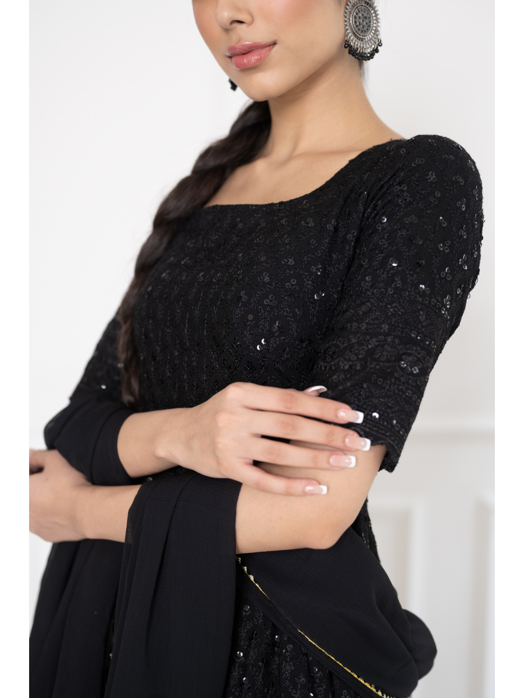 Black Chikankari & Sequin Dress With Dupatta